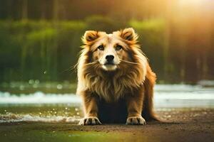 une chien séance sur le sol près l'eau. généré par ai photo