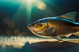 une poisson est permanent sur une surface avec une lumière brillant sur il. généré par ai photo