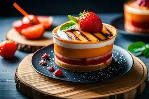 deux desserts sur une assiette avec des fraises et une tranche de fromage. généré par ai photo