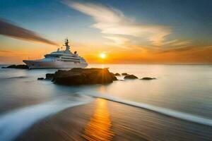 une yacht à le coucher du soleil dans le océan. généré par ai photo