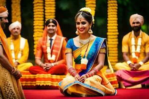 une la mariée dans traditionnel Indien tenue est assis sur le sol avec sa jeune marié. généré par ai photo