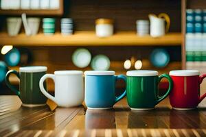 cinq coloré café des tasses doublé en haut sur une en bois tableau. généré par ai photo