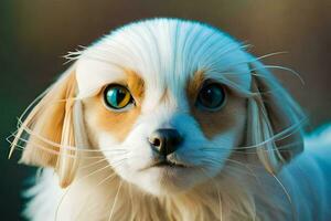 une proche en haut de une chien avec bleu yeux. généré par ai photo