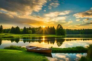 le bateau sur le Lac à le coucher du soleil. généré par ai photo