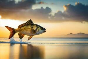 une poisson sauter en dehors de le l'eau à le coucher du soleil. généré par ai photo