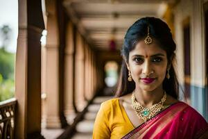 magnifique Indien la mariée dans rose sari. généré par ai photo