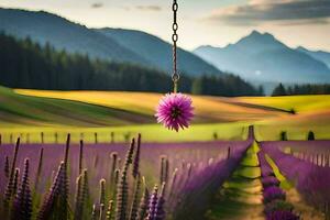 une violet fleur pendaison de une chaîne dans une lavande champ. généré par ai photo