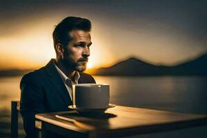 une homme dans une costume séance à une table avec une tasse de café. généré par ai photo