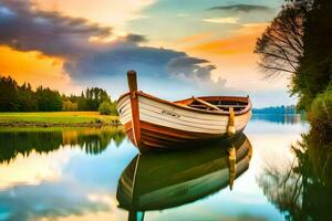 une bateau est amarré sur le l'eau à le coucher du soleil. généré par ai photo