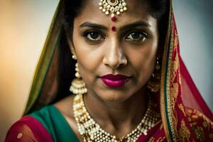 portrait de une magnifique Indien femme portant traditionnel bijoux. généré par ai photo