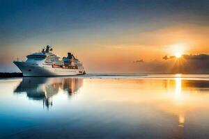 une croisière navire dans le océan à le coucher du soleil. généré par ai photo