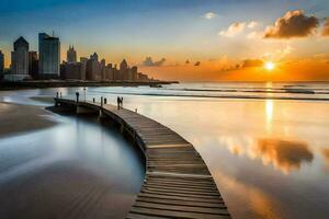 le le coucher du soleil dans Dubai, uni arabe émirats. généré par ai photo