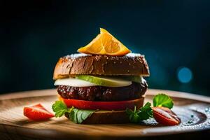 une Hamburger avec un Orange tranche sur Haut. généré par ai photo