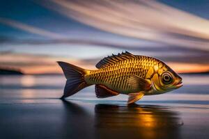 une poisson est permanent sur le plage à le coucher du soleil. généré par ai photo