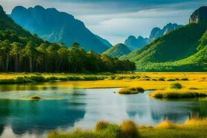 le montagnes et rivière dans le milieu de une champ. généré par ai photo