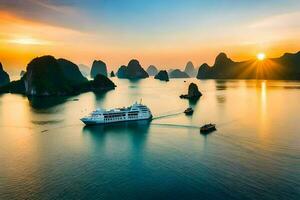 croisière navires dans le océan à le coucher du soleil. généré par ai photo