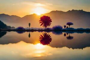 le coucher du soleil plus de le montagnes et fleurs. généré par ai photo