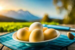 des œufs dans une bol sur une table avec montagnes dans le Contexte. généré par ai photo