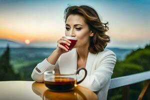 une femme en buvant thé à le coucher du soleil. généré par ai photo
