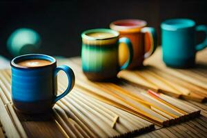 coloré café tasses sur une en bois tableau. généré par ai photo