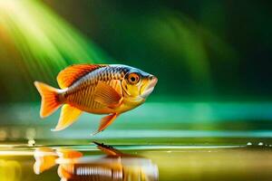 une poisson est permanent sur le l'eau avec lumière du soleil brillant sur il. généré par ai photo