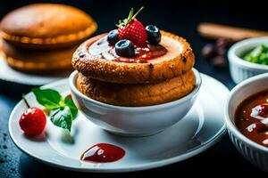 une assiette avec une tasse de soupe et une bol de soupe. généré par ai photo