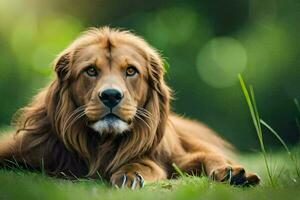 une Lion pose dans le herbe. généré par ai photo