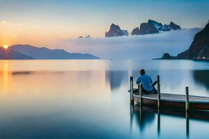 une homme séance sur une bateau dans le milieu de une Lac à le coucher du soleil. généré par ai photo