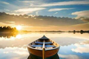 le bateau est sur le calme l'eau à le coucher du soleil. généré par ai photo