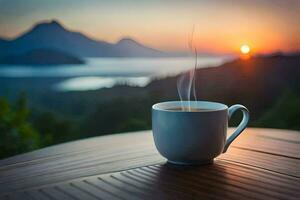 café tasse sur le table avec le lever du soleil. généré par ai photo