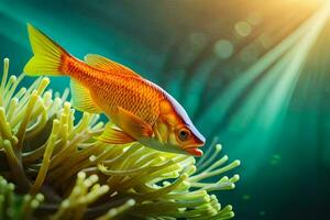 un Orange poisson nager dans un sous-marin mer. généré par ai photo