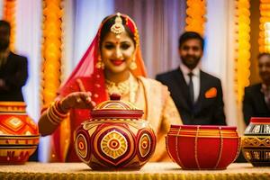 une la mariée et jeune marié dans traditionnel Indien tenue. généré par ai photo