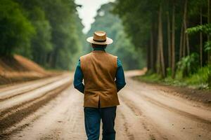 une homme dans une chapeau et gilet en marchant vers le bas une saleté route. généré par ai photo