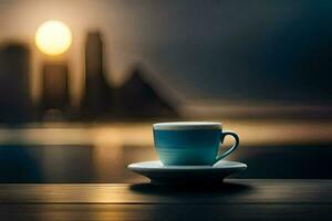 une tasse de café sur une table dans de face de une ville ligne d'horizon. généré par ai photo