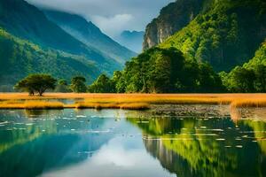 une magnifique paysage avec montagnes et l'eau. généré par ai photo