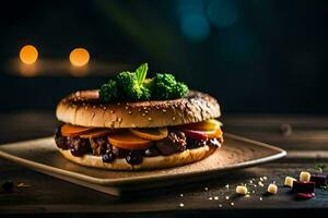 une Hamburger avec brocoli et fromage sur une plaque. généré par ai photo