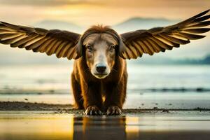 une chien avec ailes sur le plage. généré par ai photo