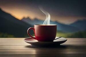 une tasse de café sur une en bois table avec montagnes dans le Contexte. généré par ai photo