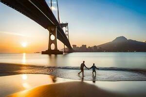 deux gens marcher le long de le plage en dessous de une pont à le coucher du soleil. généré par ai photo