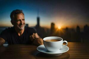 une homme séance à une table avec une tasse de café. généré par ai photo