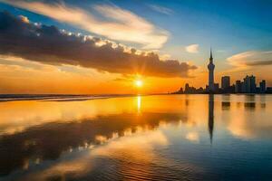 le Soleil ensembles plus de une ville horizon et le réflexion de le l'eau. généré par ai photo