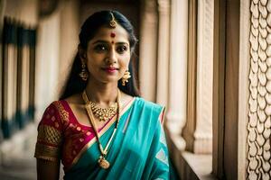 une magnifique Indien femme dans une sari. généré par ai photo