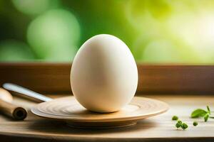 un Oeuf sur une en bois assiette avec une couteau et fourchette. généré par ai photo