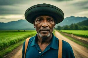 une homme portant une chapeau des stands dans une saleté route. généré par ai photo