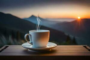 café tasse sur le tableau, montagnes, lever du soleil, lever du soleil, lever du soleil, lever du soleil, lever du soleil,. généré par ai photo