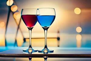 deux du vin des lunettes avec rouge et bleu liquide. généré par ai photo