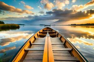 une bateau est amarré sur une Lac à le coucher du soleil. généré par ai photo