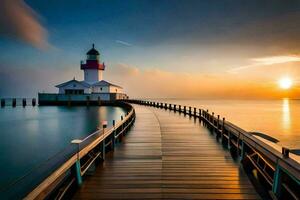 une phare des stands sur une jetée à le coucher du soleil. généré par ai photo