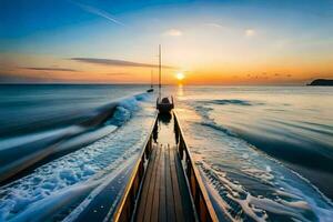 une bateau est en voyageant par le océan à le coucher du soleil. généré par ai photo