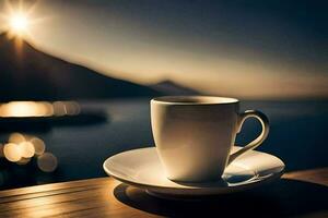 café tasse sur une en bois table avec le Soleil brillant. généré par ai photo